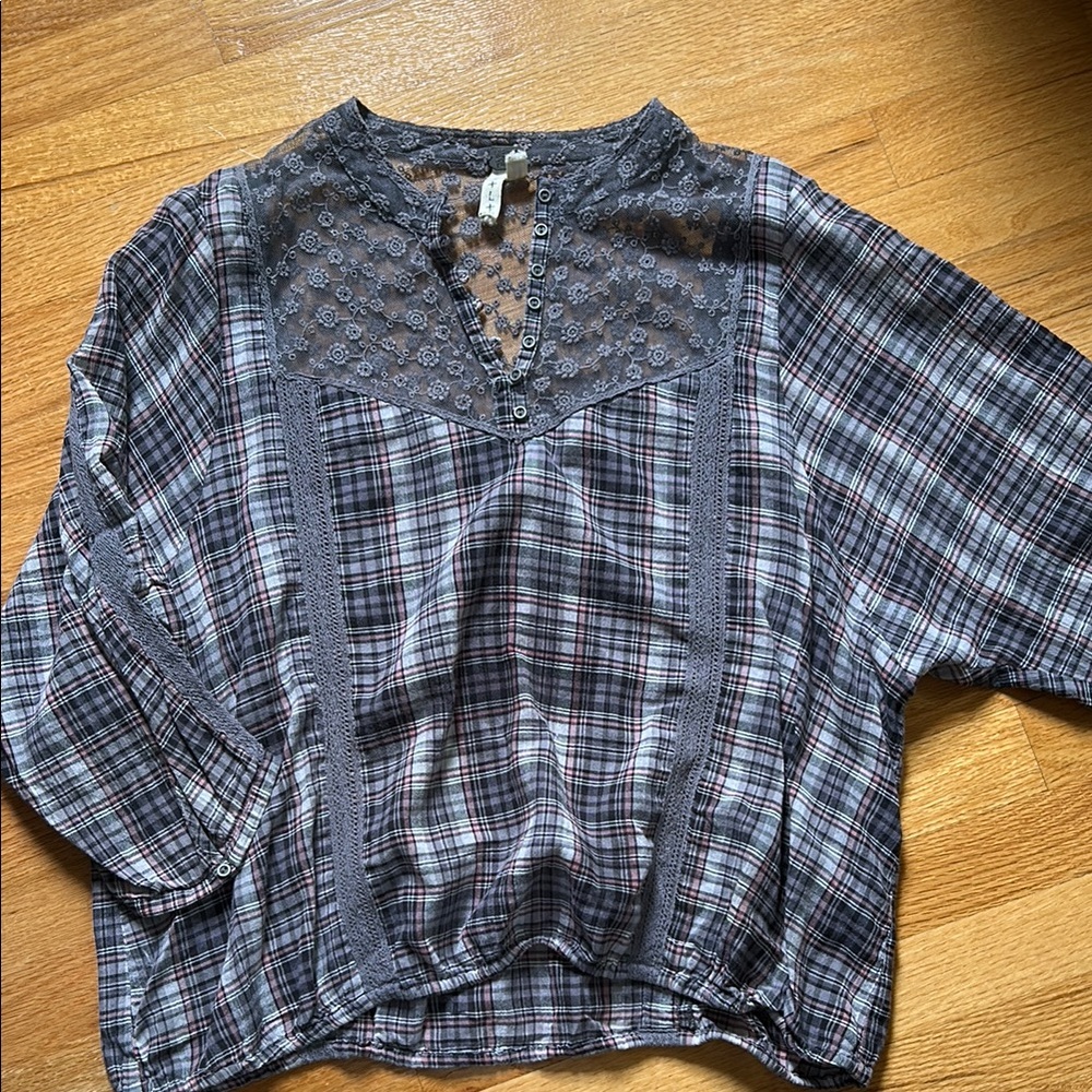 We The Free Blue Gray Boxy Blouse with Mandarin Collar